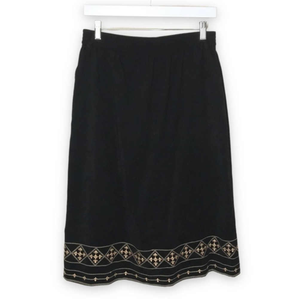 BonWorth Faux Suede Black Midi Skirt Tan Embroidered Elastic Waist Medium READ